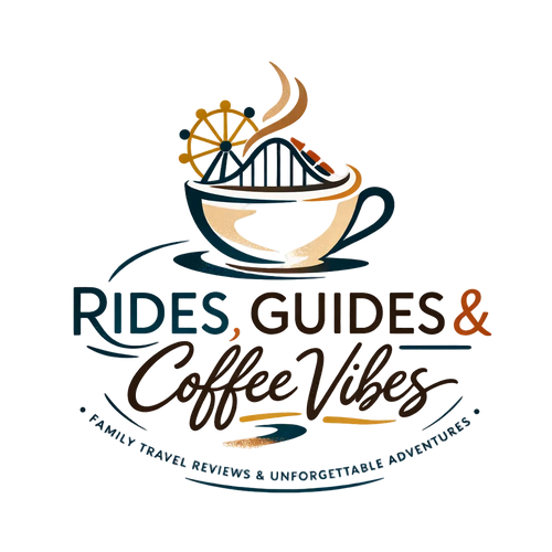 Logo with a coffee cup design, text 'Rides, Guides & Coffee Vibes', and a bridge illustration on a white background.